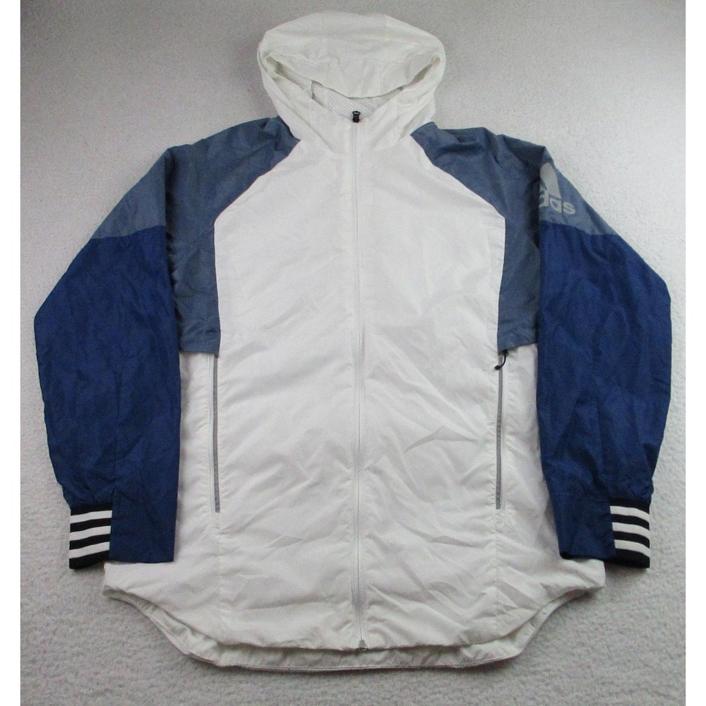 Adidas Jacket Mens Large White Blue Gray Hooded‎ Windbreaker Full Zip Mesh Lined